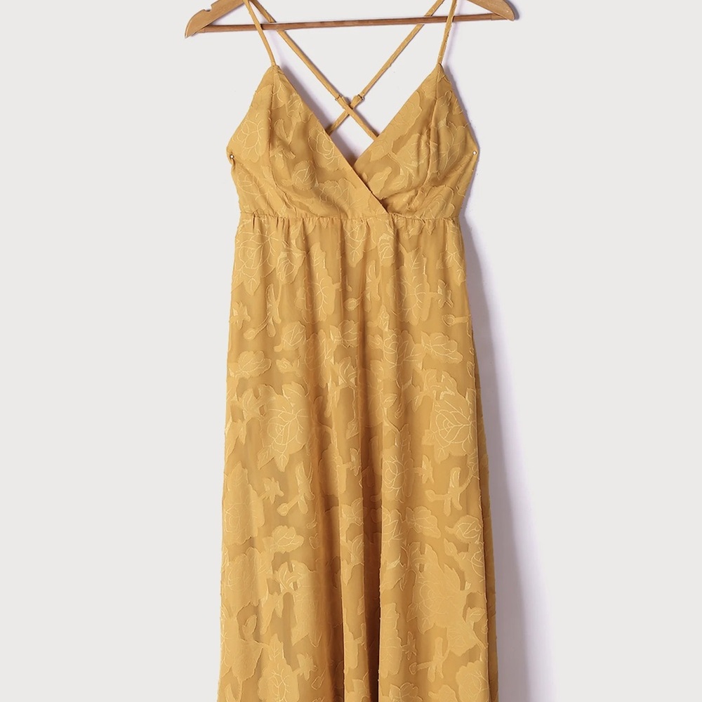 Lulus Philosophy of‎ Beauty Mustard Yellow Burnout Floral Midi Dress Size XS - Picture 5 of 13